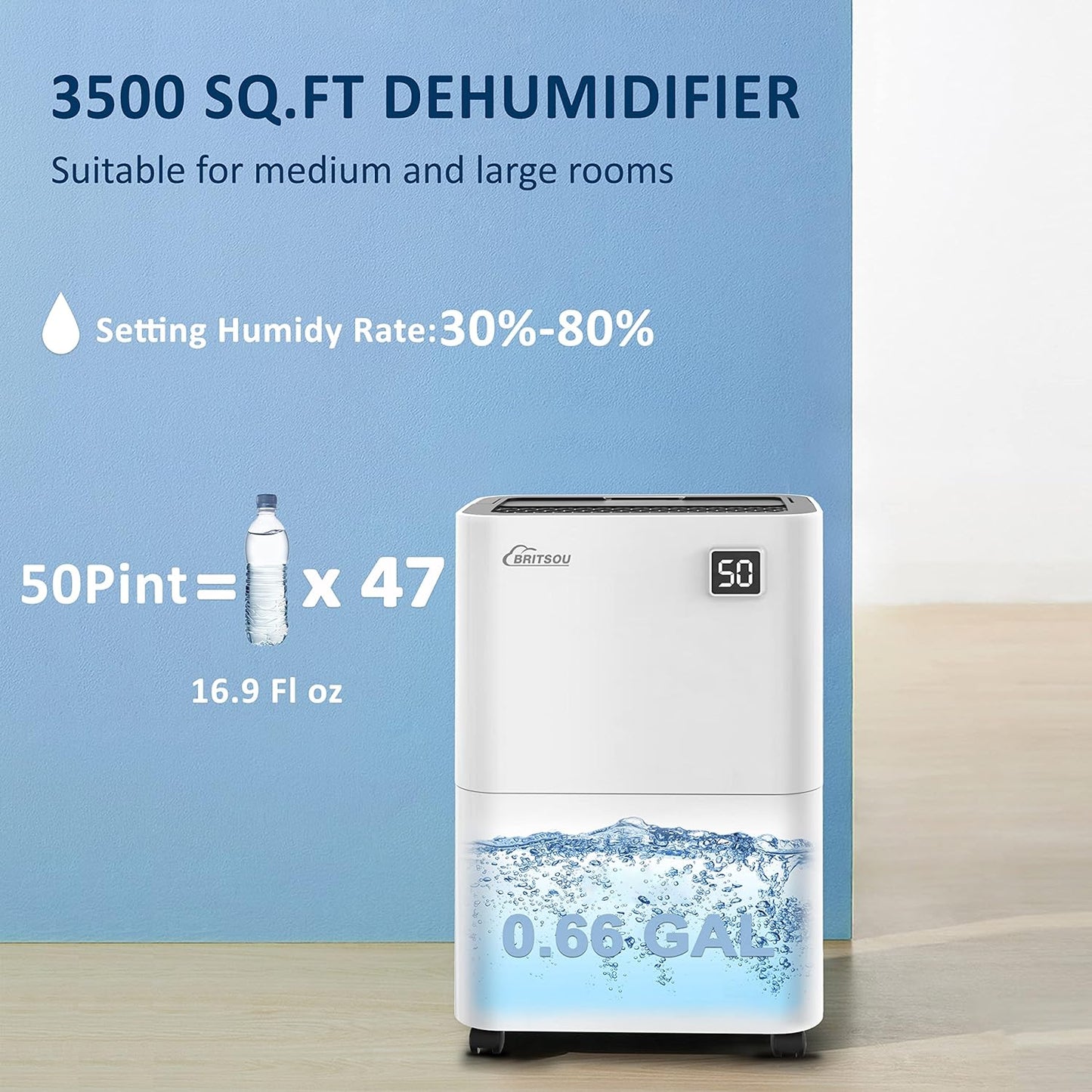 Bristou 3500 Sq. Ft 50 Pint Dehumidifiers for Home Basements with Drain Hose