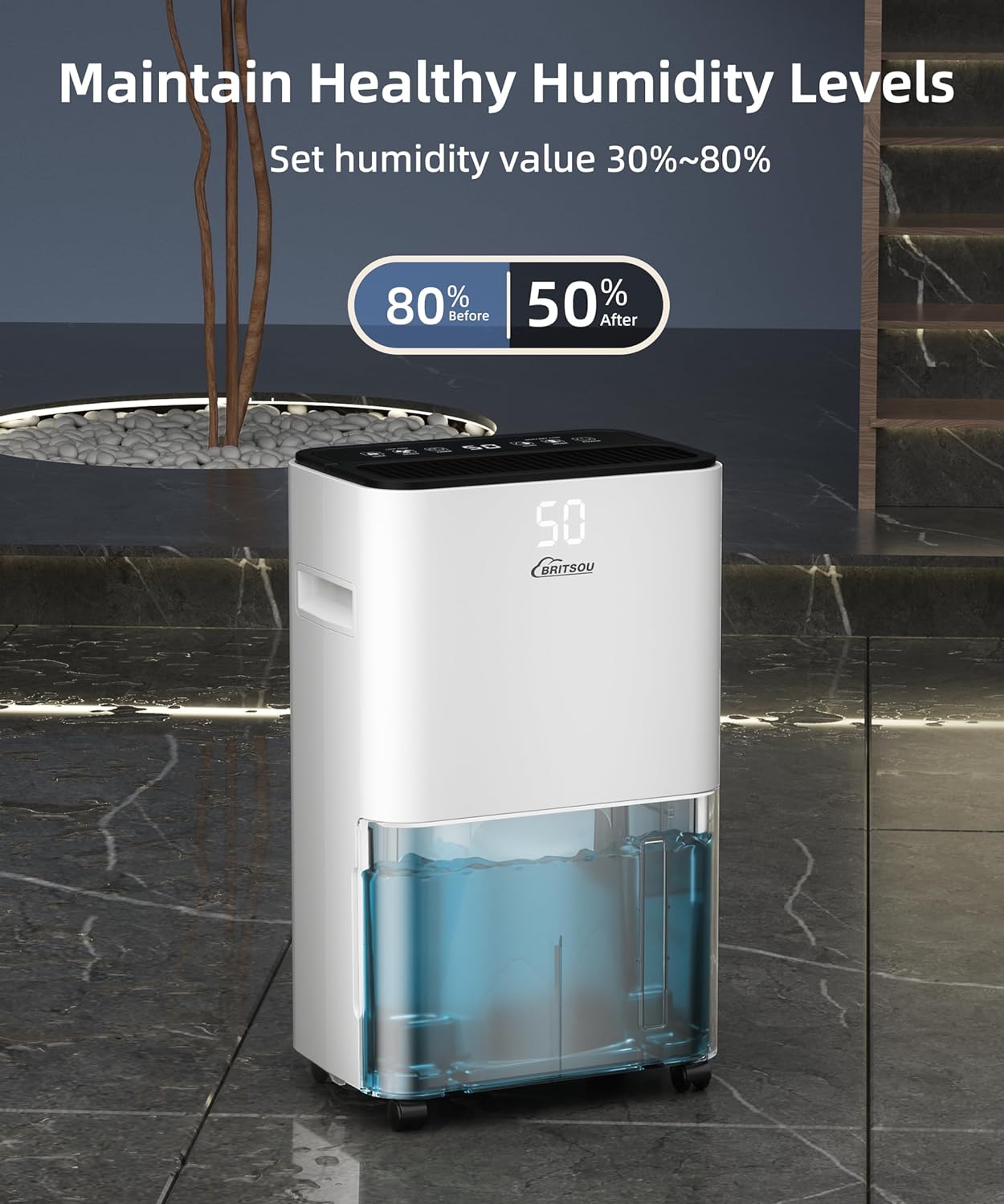 Bristou 30 Pints 2000 Sq.ft Dehumidifier Basement with Continous Drain