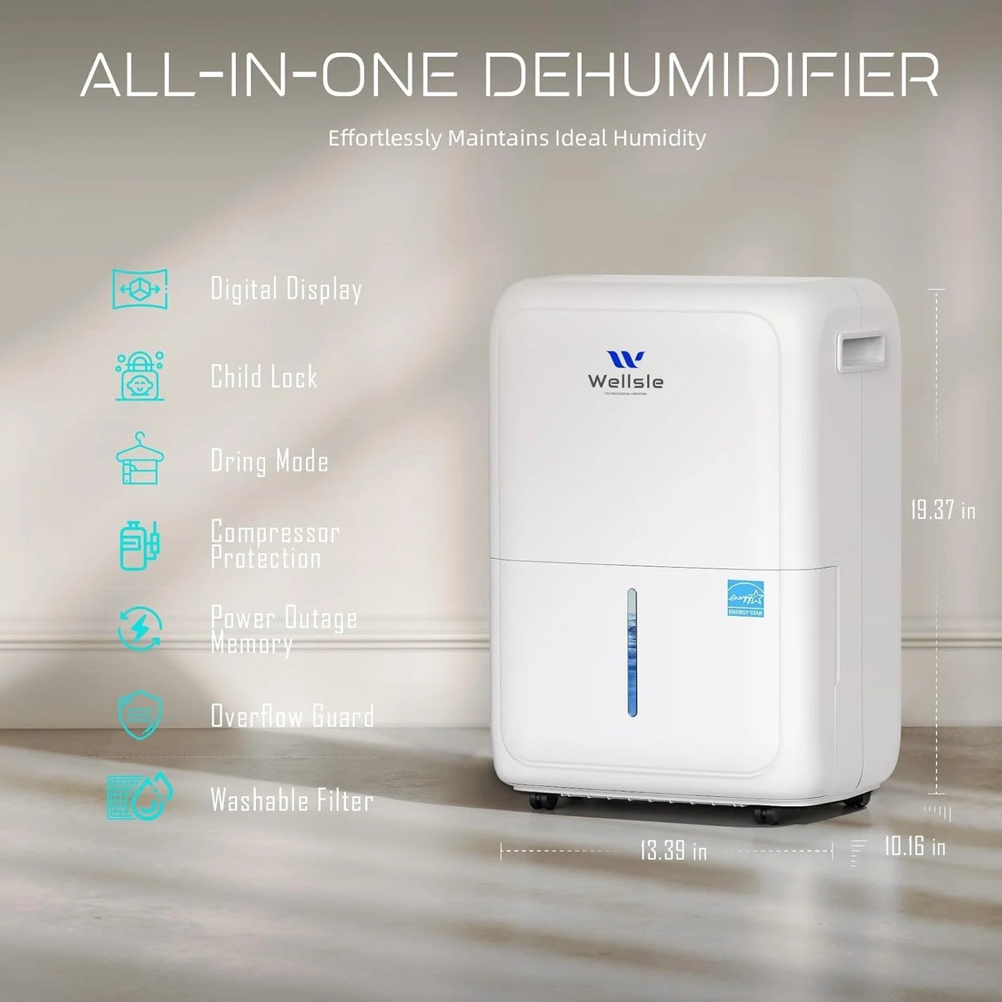 Wellsle 3500 Sq.ft 52 Pints Dehumidifier for Basement with Drain Hose
