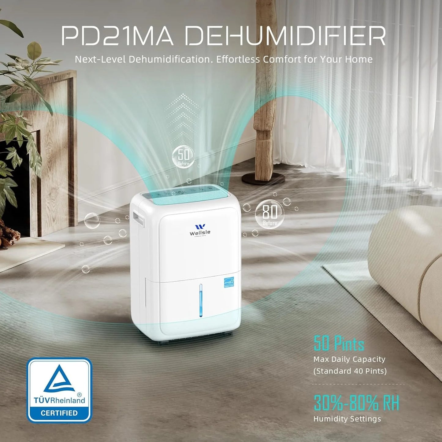 Wellsle 3500 Sq.ft 52 Pints Dehumidifier for Basement with Drain Hose