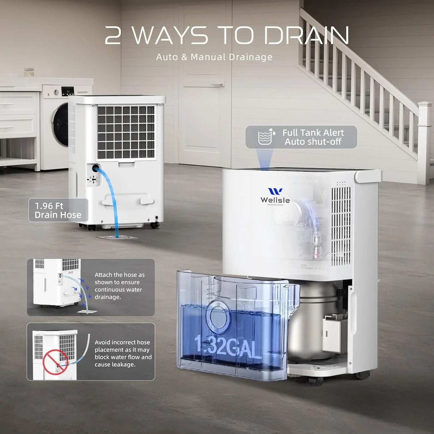 Wellsle 4000 Sq.ft 80 Pints Dehumidifier for Basement with Drain Hose