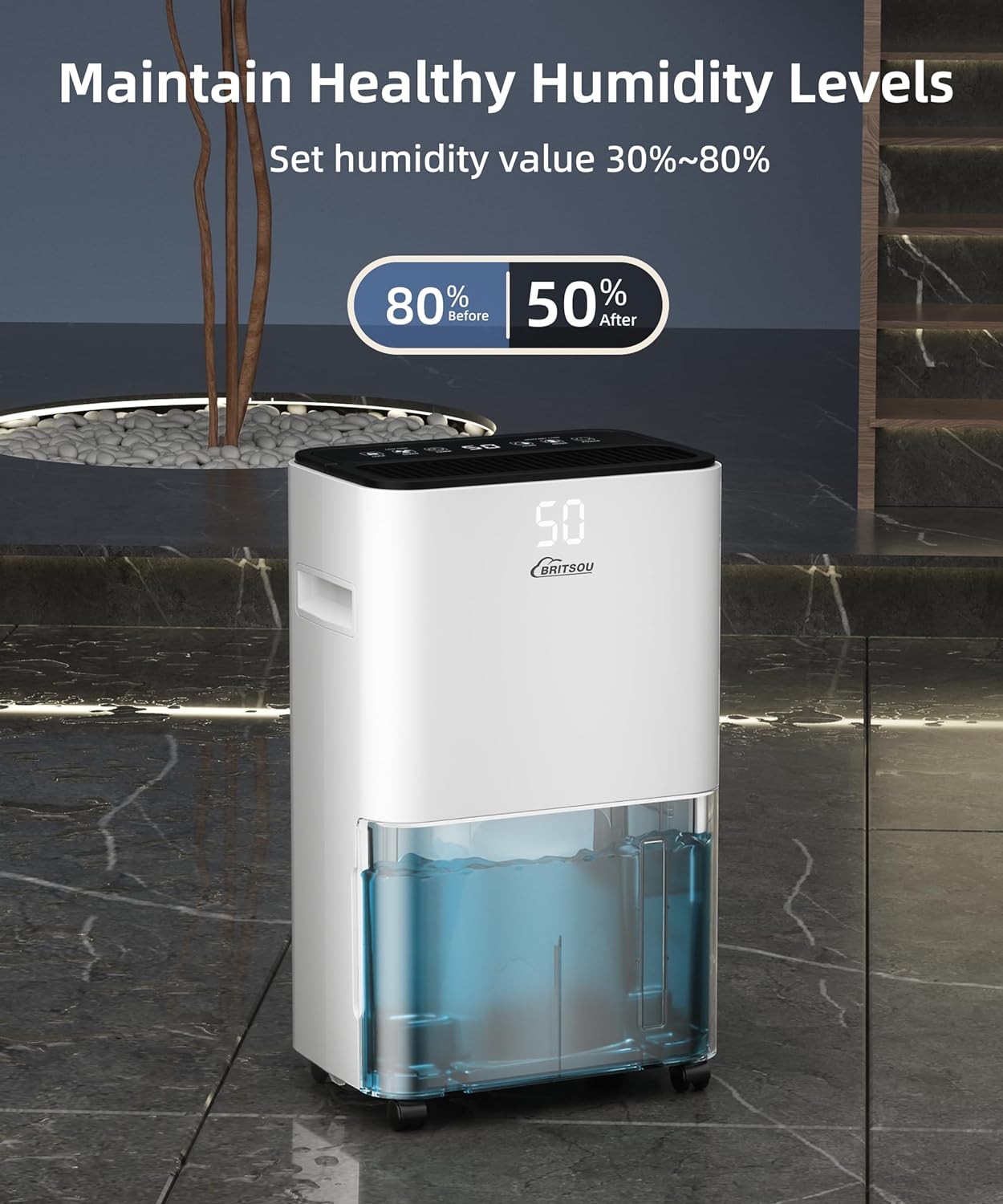 30 Pints Dehumidifier Covers Up to 2000 Sq.ft Basement for Continous Dehumidify with a 0.66 Gallon Tank and Continous Drain